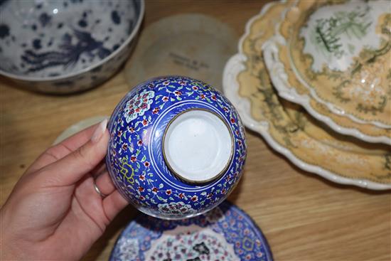 Two Persian Chinese enamel bowls and saucer, a blue and white vase, another plate and a dish